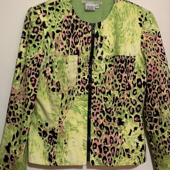 Vintage 80s/90s Cropped Moto Jacket Lime Leopard Print Maggy London - Picture 3 of 5